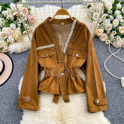Boutique Wholesale 2025 Autumn New Fashionable Diamond Studded V-neck Waist Cinched Short Denim Women's Jacket