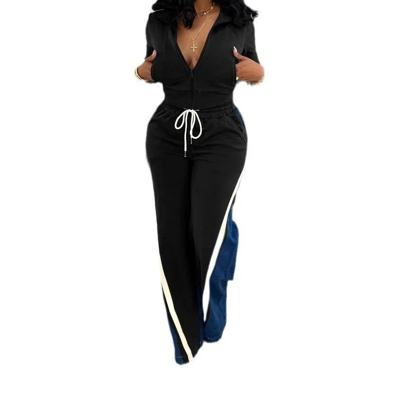 Women's Summer Denim Patchwork Shorts & Long Sleeve Top Set