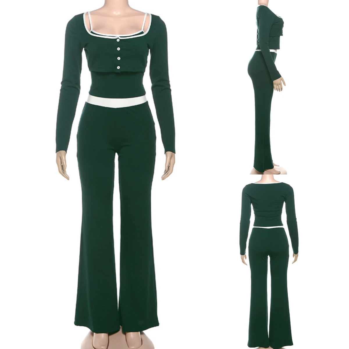 Elegant Green Casual Camisole & Flared Trousers Set