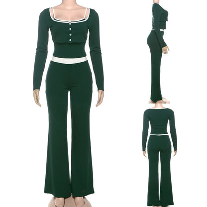 Elegant Green Casual Camisole & Flared Trousers Set