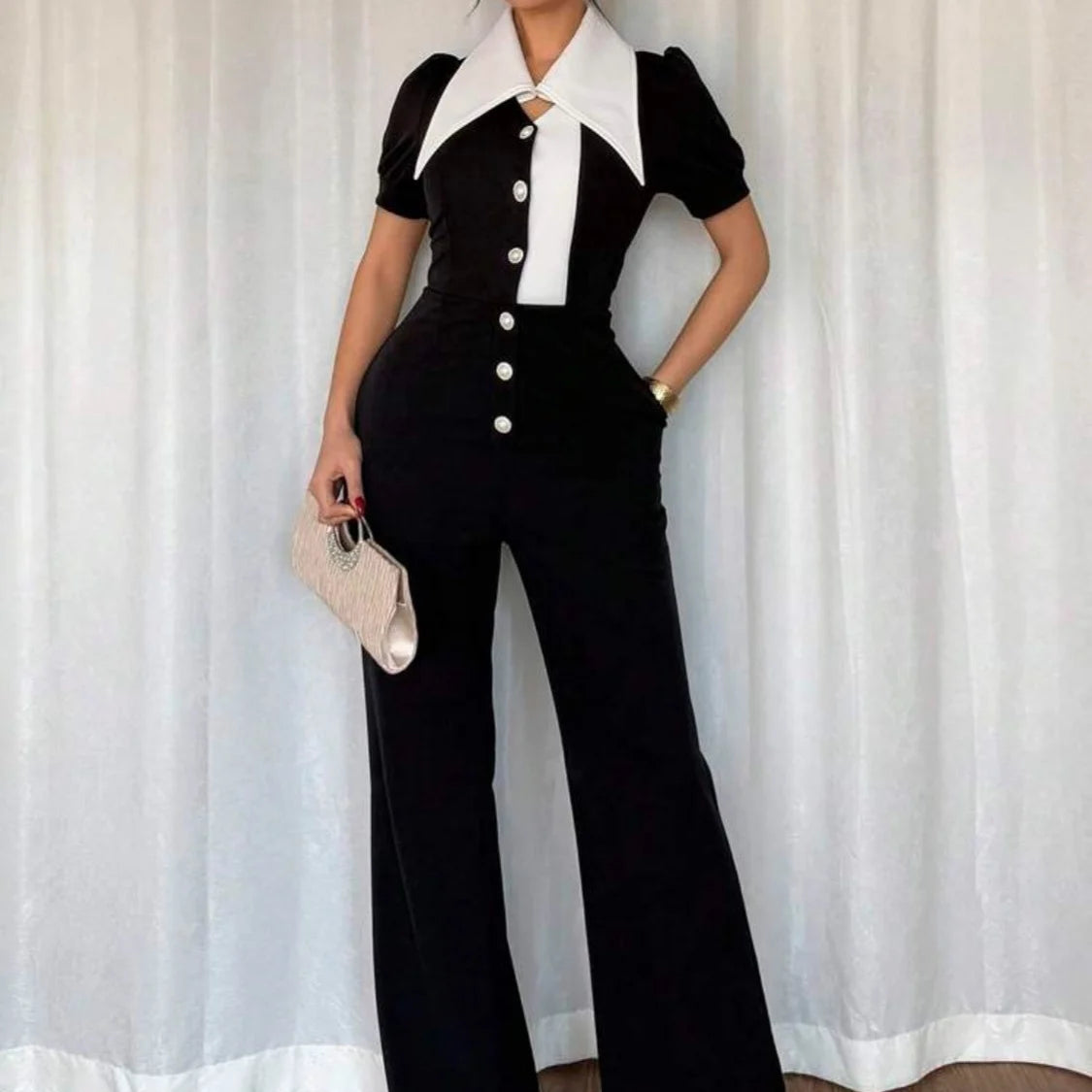 Women's Unique Patchwork Short Sleeve Collared Button-Up Jumpsuit