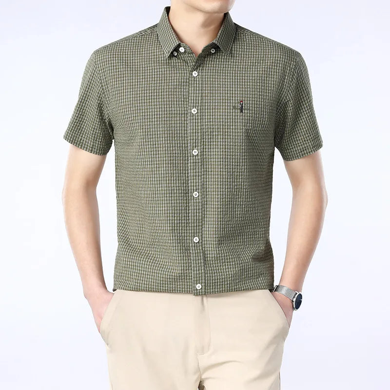 Men's Business Dress Shirt with Stand-Up Collar Plaid Short Sleeve Summer Style