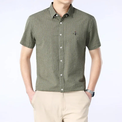 Men's Business Dress Shirt with Stand-Up Collar Plaid Short Sleeve Summer Style