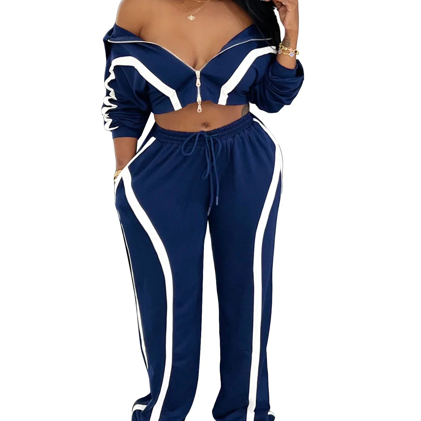 Women's Striped Patchwork Contrast Color Zipper Collar Top & Wide-Leg Pants 2-Piece Set