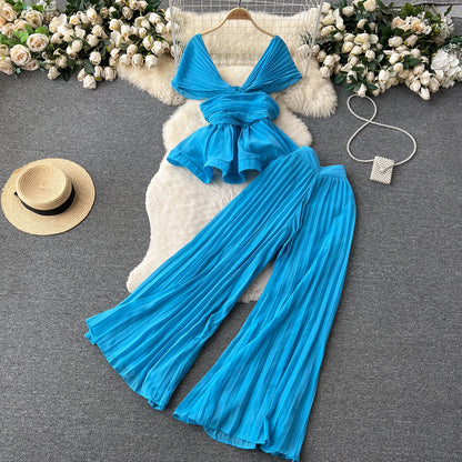 UNIKCOSA Women’s Elegant Summer Set – Pleated Chiffon Sleeveless Top & High-Waist Wide-Leg Pants (High-End Edition)
