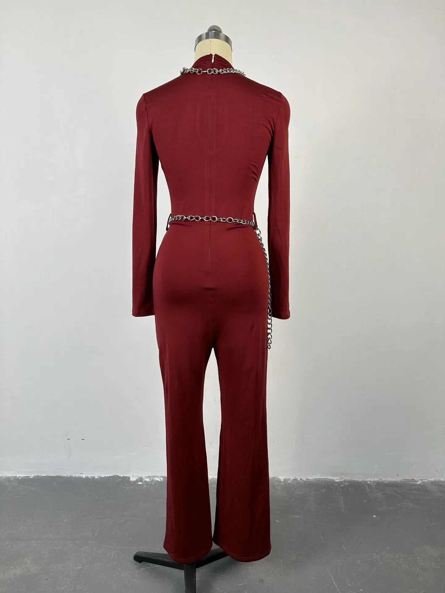 UNIKCOSA Velora Jumpsuit Wine Red O Neck Slim Fit Flared 💫