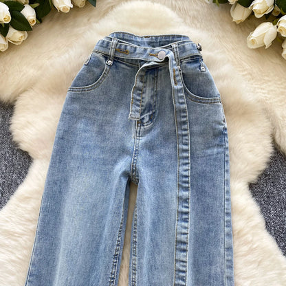 UNIKCOSA Women’s Spring Denim Jeans – 2025 High-Waist Printed Long Pants with Sash Belt (Outdoor Chic Edition)