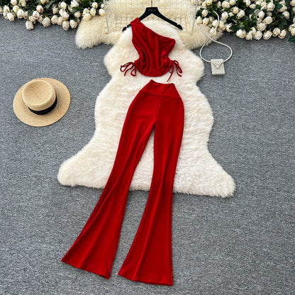 Summer Casual 2 Piece Set For Women One-shoulder Bandage Top And High Waist Set Jogging Suits Wholesale