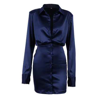 UNIKCOSA Women’s Satin Mini Shirt Dress – Elegant Padded Shoulder Long Sleeve Slim-Fit Dress (Office-to-Leisure Chic Edition)