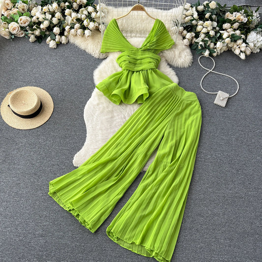 UNIKCOSA Women’s Elegant Summer Set – Pleated Chiffon Sleeveless Top & High-Waist Wide-Leg Pants (High-End Edition)