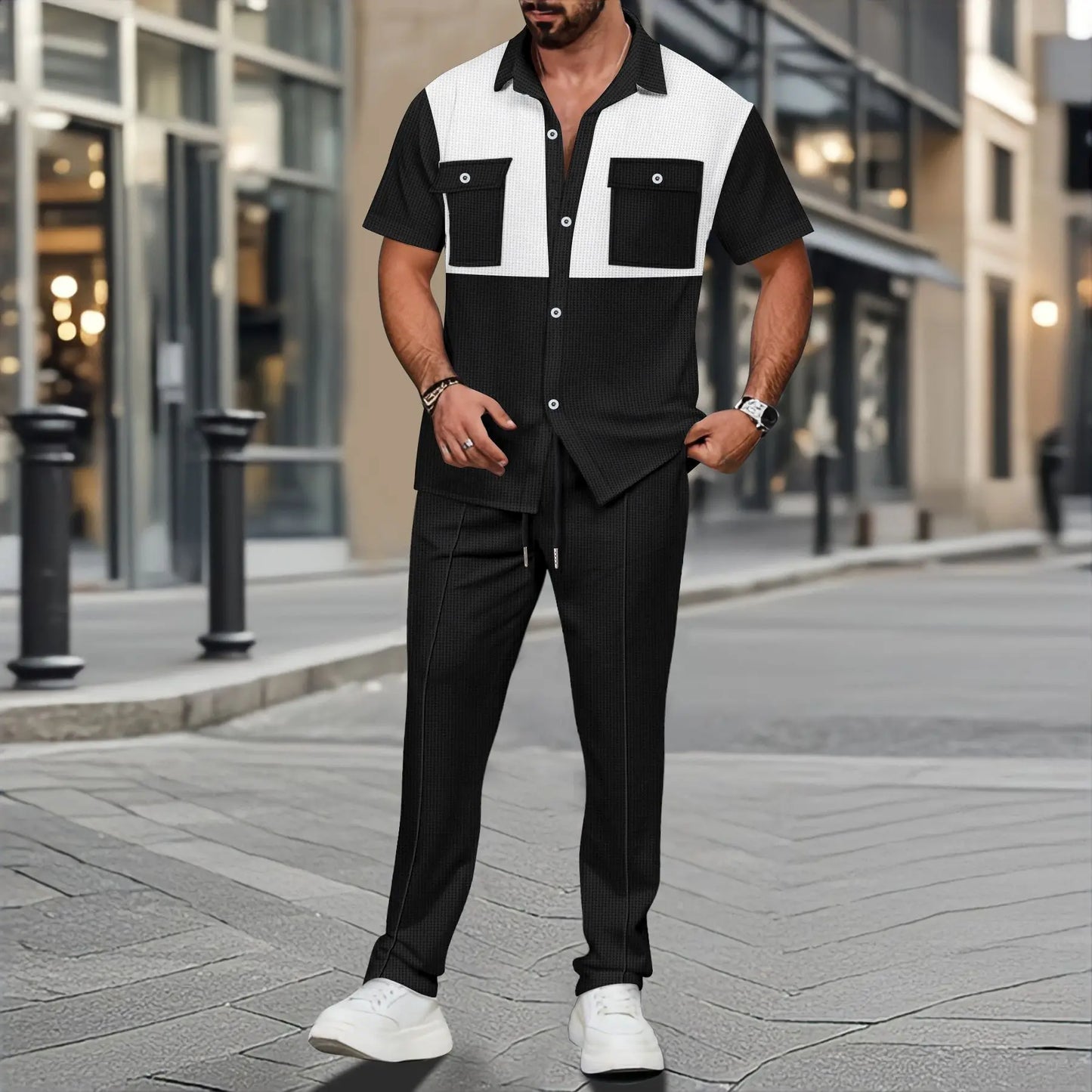 UNIKCOSA Men’s Polo Shirt Set – Multicolored Short Sleeve Polo & Matching Long Pants Two-Piece Outfit (2025 Edition)