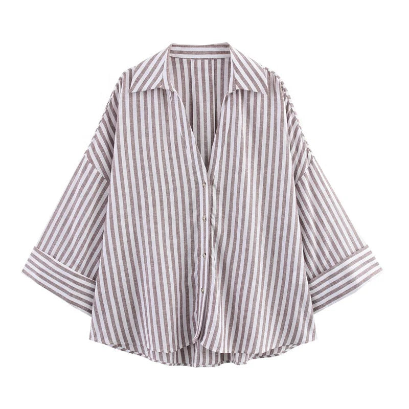 European American Style Women's Striped Collared Wide Sleeve Shirt