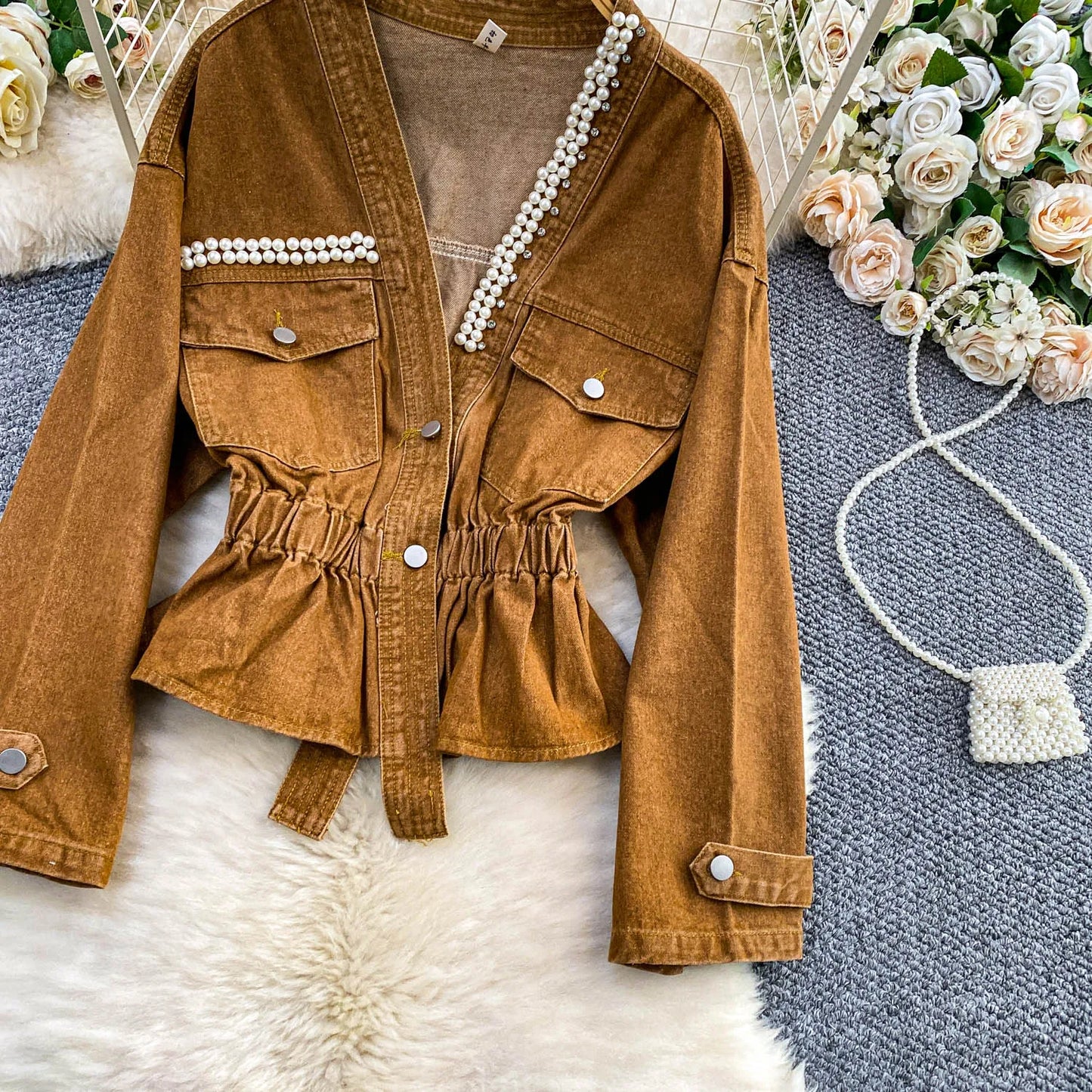 Boutique Wholesale 2025 Autumn New Fashionable Diamond Studded V-neck Waist Cinched Short Denim Women's Jacket