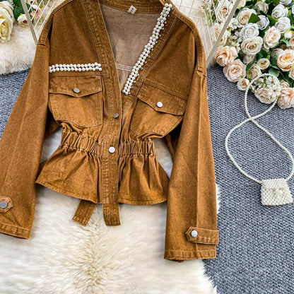 Boutique Wholesale 2025 Autumn New Fashionable Diamond Studded V-neck Waist Cinched Short Denim Women's Jacket
