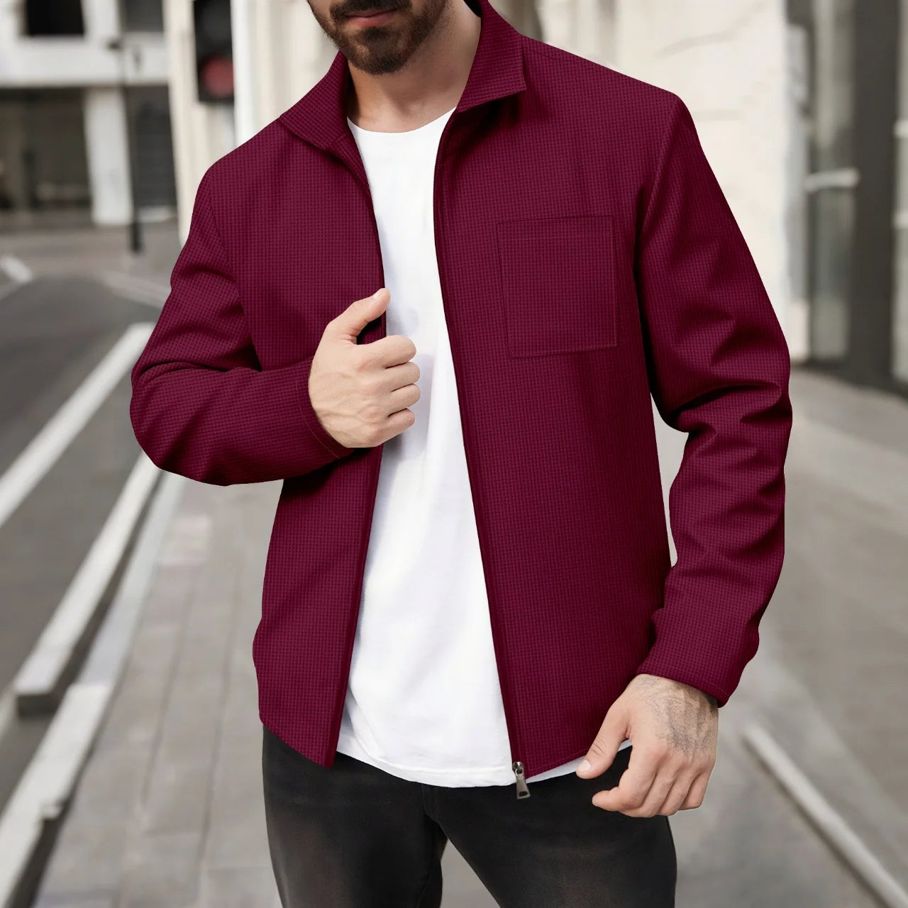 UNIKCOSA Men’s Textured Jacket – Zip-Up Business Casual Outerwear with Turn-Down Collar