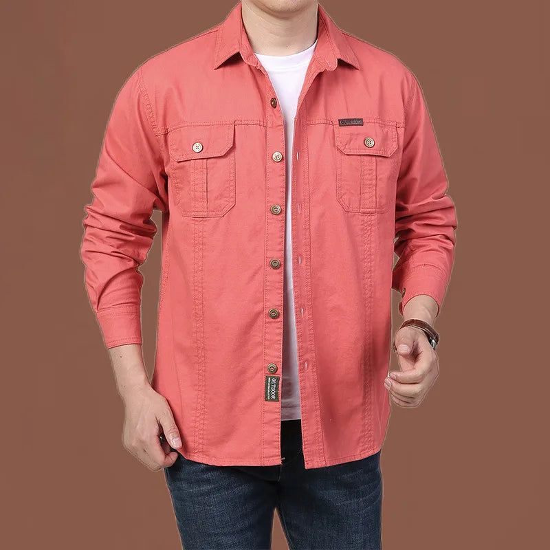 UNIKCOSA Men’s Casual Work Shirt – Loose-Fit Long Sleeve Solid Color Pocket Shirt (Autumn Large-Size Edition)