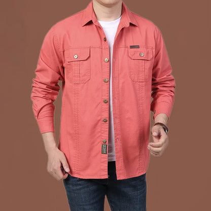 UNIKCOSA Men’s Casual Work Shirt – Loose-Fit Long Sleeve Solid Color Pocket Shirt (Autumn Large-Size Edition)