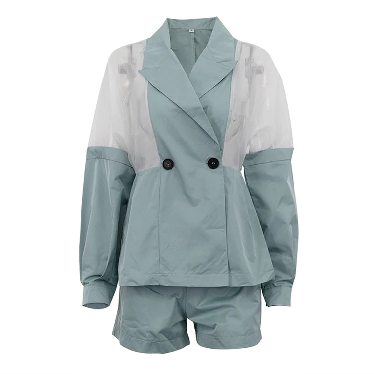 UNIKCOSA Women’s Patchwork Streetwear Set – Double-Breasted Jacket & Shorts 2-Piece Outfit (Summer 2025 Edition)