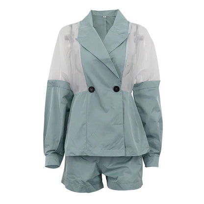 UNIKCOSA Women’s Patchwork Streetwear Set – Double-Breasted Jacket & Shorts 2-Piece Outfit (Summer 2025 Edition)