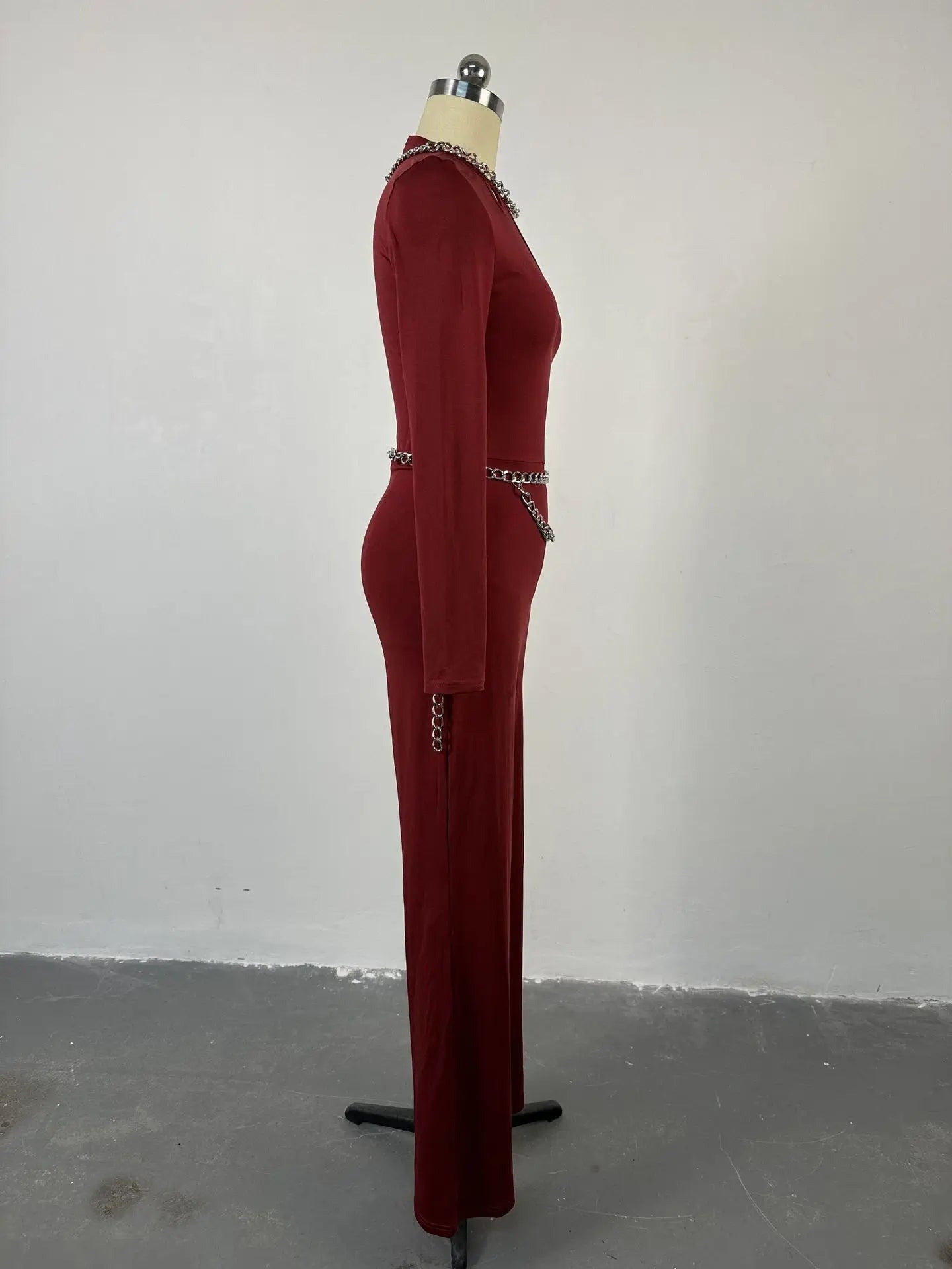 UNIKCOSA Velora Jumpsuit Wine Red O Neck Slim Fit Flared 💫