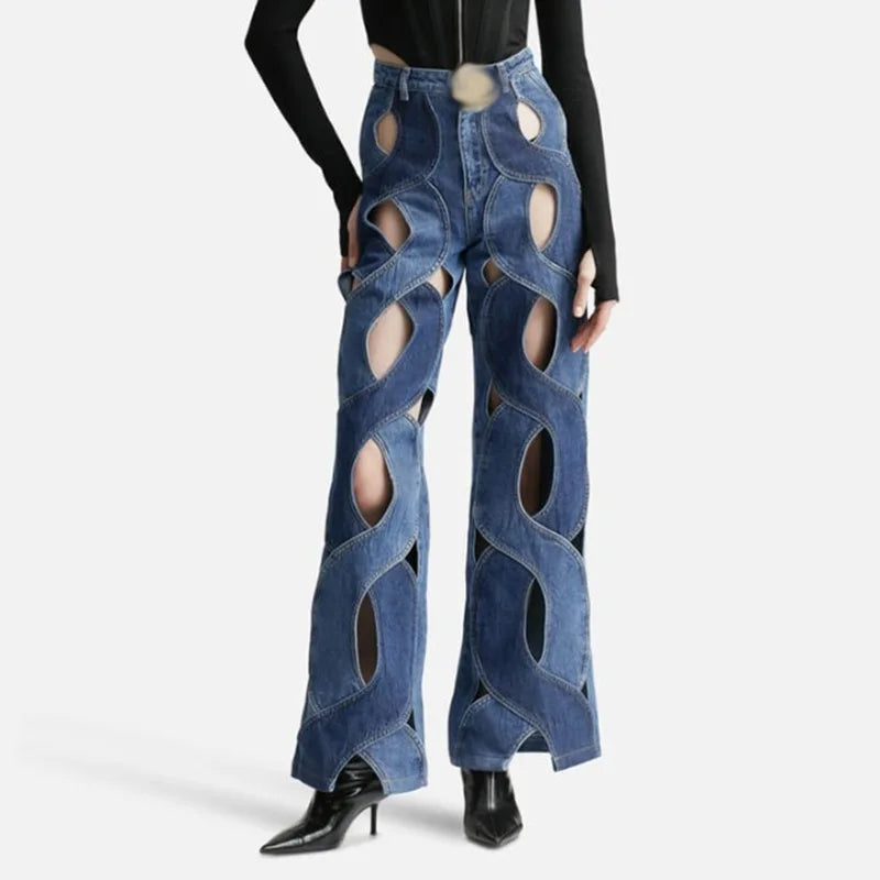 UNIKCOSA Women’s Hollow-Out Strap Jeans – High-Waist Patchwork Wide-Leg Denim Pants (Street Chic Edition)