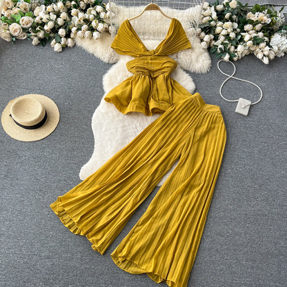 UNIKCOSA Women’s Elegant Summer Set – Pleated Chiffon Sleeveless Top & High-Waist Wide-Leg Pants (High-End Edition)