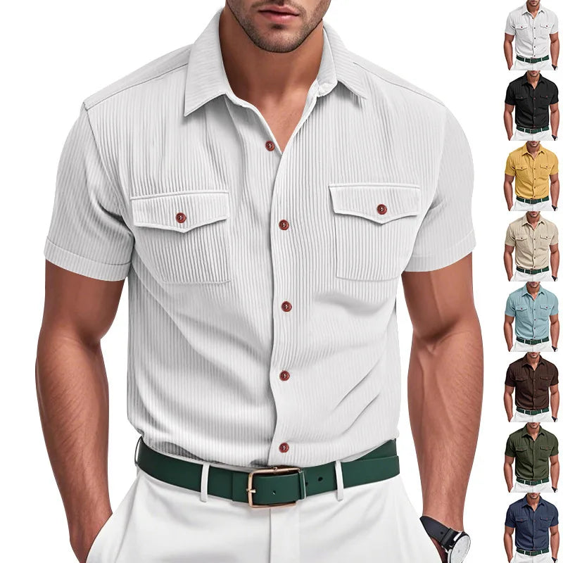 Men's Casual Corduroy Short Sleeve Cargo Shirt Loose Fit