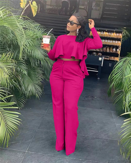 UNIKCOSA’s Elegant Ruffle 2-Piece Set — Crop Top + Wide-Leg Pants Fall Outfit