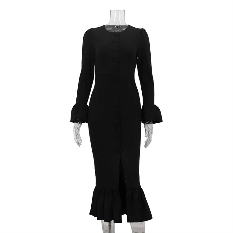 UNIKCOSA Women’s Knitted Ruffle Dress – Solid Color Button-Up Flared Sleeve Long Dress (Autumn 2025 Office Edition)