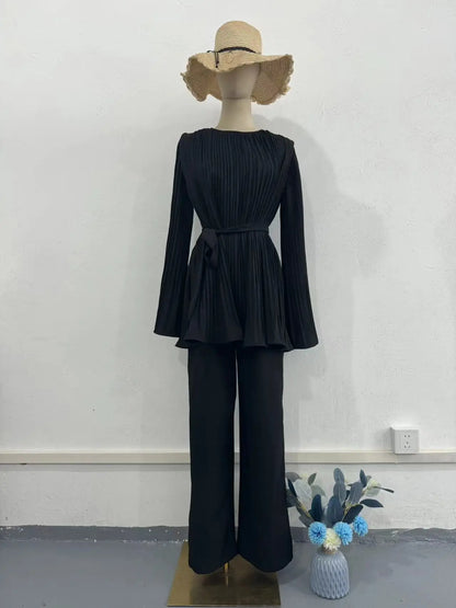 UNIKCOSA Luxe Two Pcs Set Lace Up Pleat Top Leg Pants Chic 💫