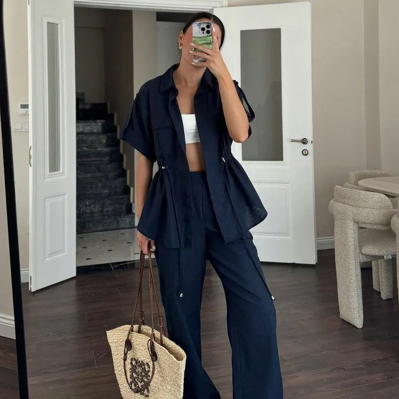 UNIKCOSA Women’s Summer Lounge Set – Casual Shirt & Pants Two-Piece Outfit (2025 Leisure Edition)