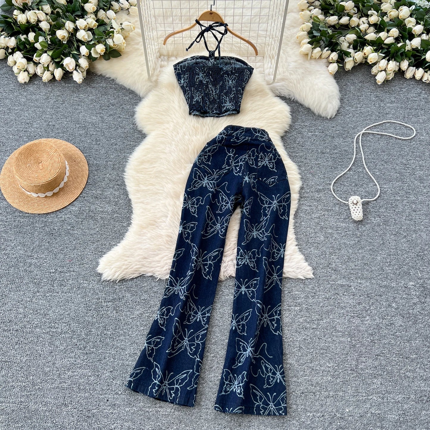 UNIKCOSA Women’s Summer Y2K Set – Halter Tube Top & High-Waist Printed Denim 2-Piece Outfit (Retro Streetwear Edition)
