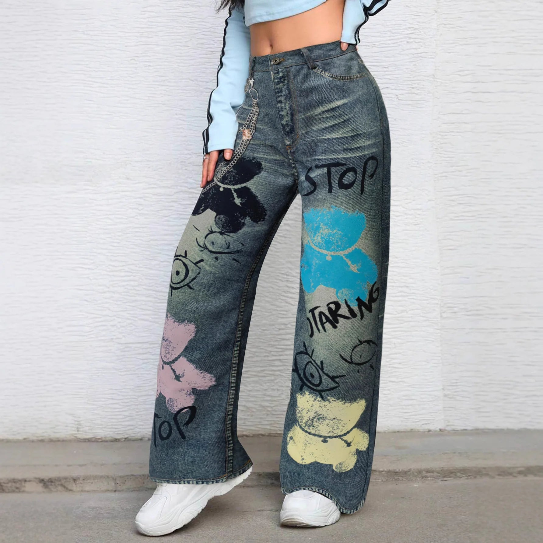 Trendy Graffiti Printed Straight-Leg Jeans – Breathable Denim for All Seasons