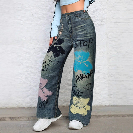 Trendy Graffiti Printed Straight-Leg Jeans – Breathable Denim for All Seasons