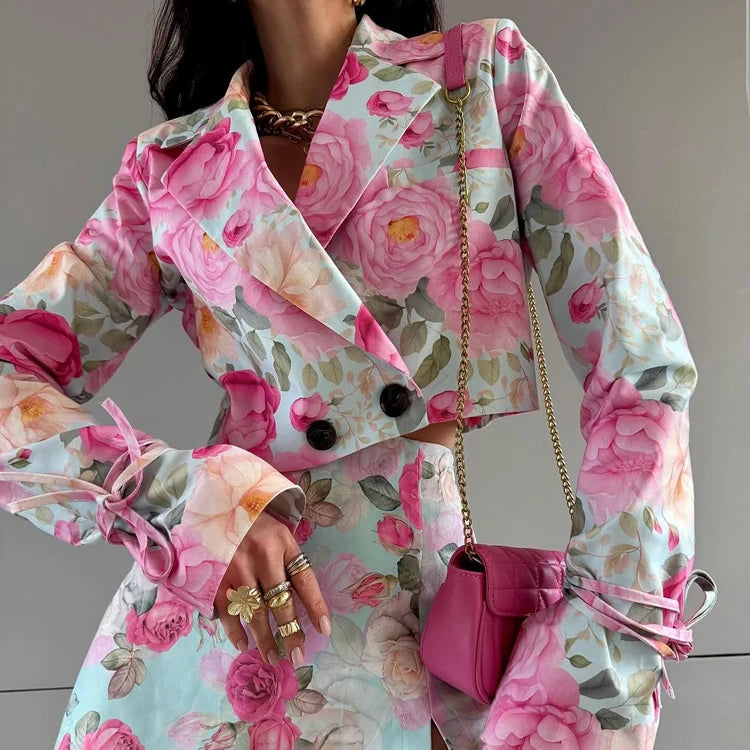 UNIKCOSA Women’s Floral Print Coord Set – Long Sleeve Crop Blazer & Mini Skort 2-Piece Outfit (2025 Edition)