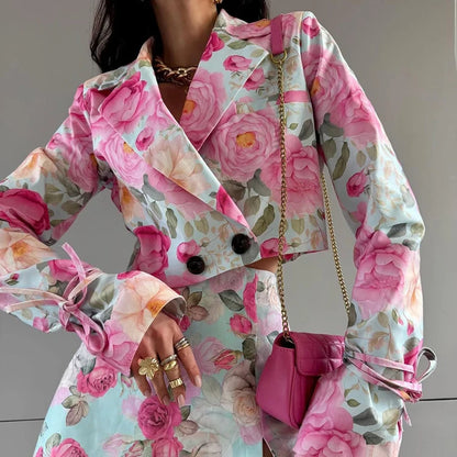 UNIKCOSA Women’s Floral Print Coord Set – Long Sleeve Crop Blazer & Mini Skort 2-Piece Outfit (2025 Edition)