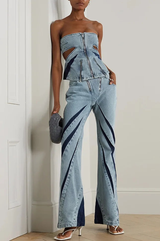 UNIKCOSA Women’s Denim Two-Piece Set – Color Block Zipper Tube Top & Flare Jeans (Casual Sexy Edition)