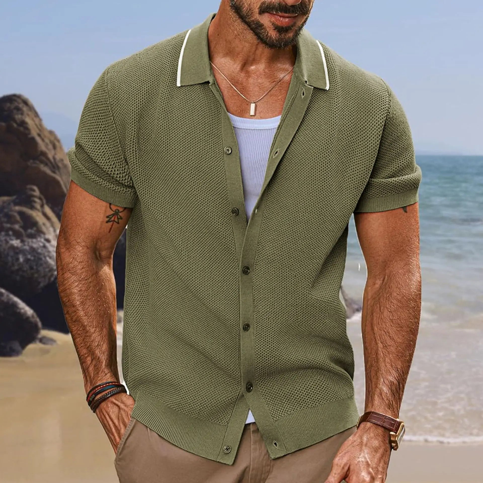 Breathable Summer Men's Casual Single-Breasted Knit Polo Shirt