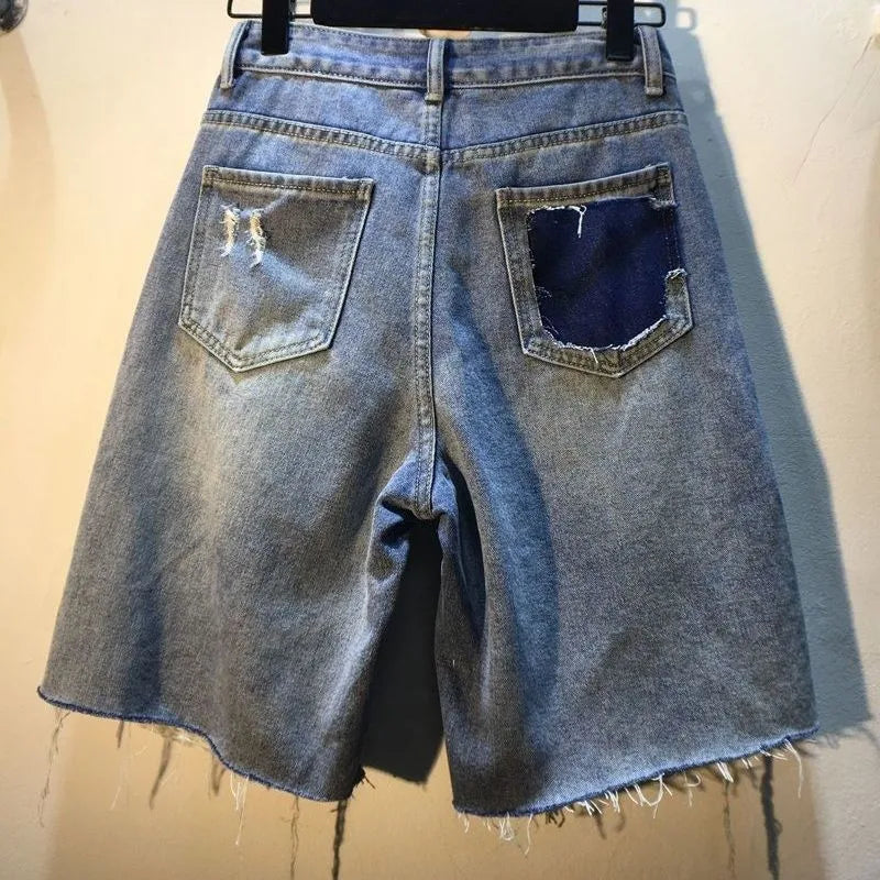 Heavy Industry Diamond-Studded Beaded Ripped Tassel High-Waisted Women’s Denim Shorts