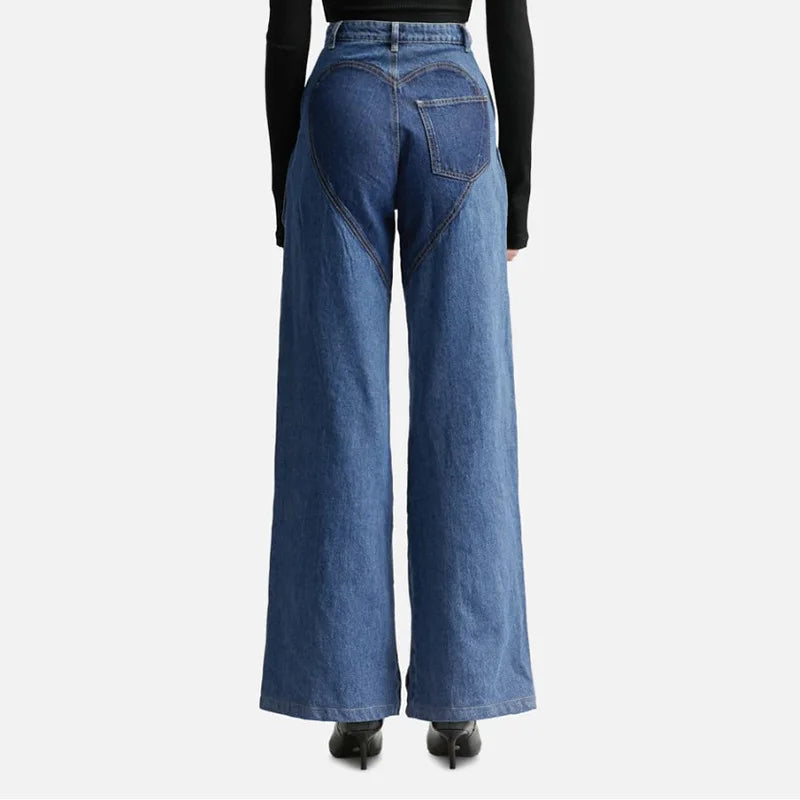 UNIKCOSA Women’s Hollow-Out Strap Jeans – High-Waist Patchwork Wide-Leg Denim Pants (Street Chic Edition)