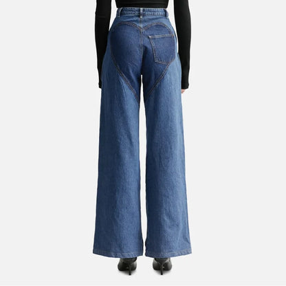 UNIKCOSA Women’s Hollow-Out Strap Jeans – High-Waist Patchwork Wide-Leg Denim Pants (Street Chic Edition)