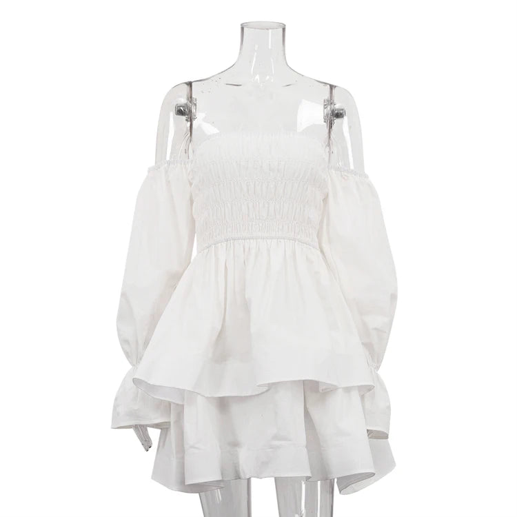 UNIKCOSA Women’s Off-Shoulder Pleated Dress – White Cotton Layered Tube Dress with Long Sleeves (Summer 2025 Edition)