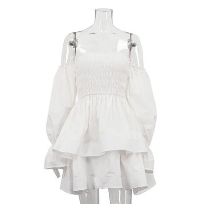 UNIKCOSA Women’s Off-Shoulder Pleated Dress – White Cotton Layered Tube Dress with Long Sleeves (Summer 2025 Edition)