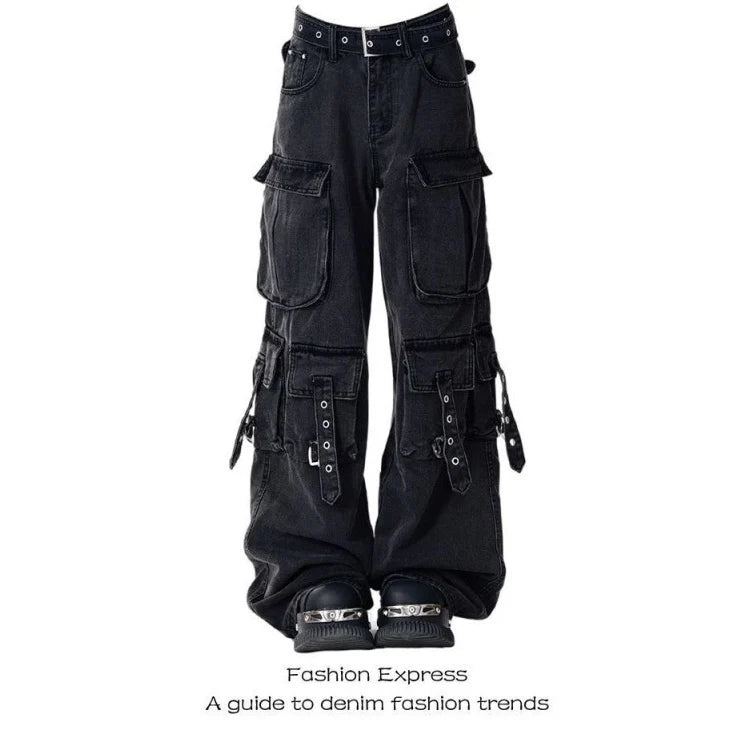 Multi-Pocket Black Women's Workwear High-Waisted Loose Denim Jeans