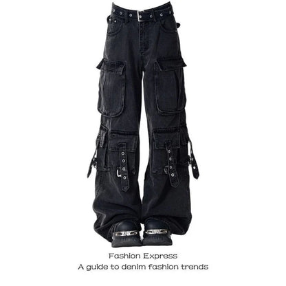 Multi-Pocket Black Women's Workwear High-Waisted Loose Denim Jeans