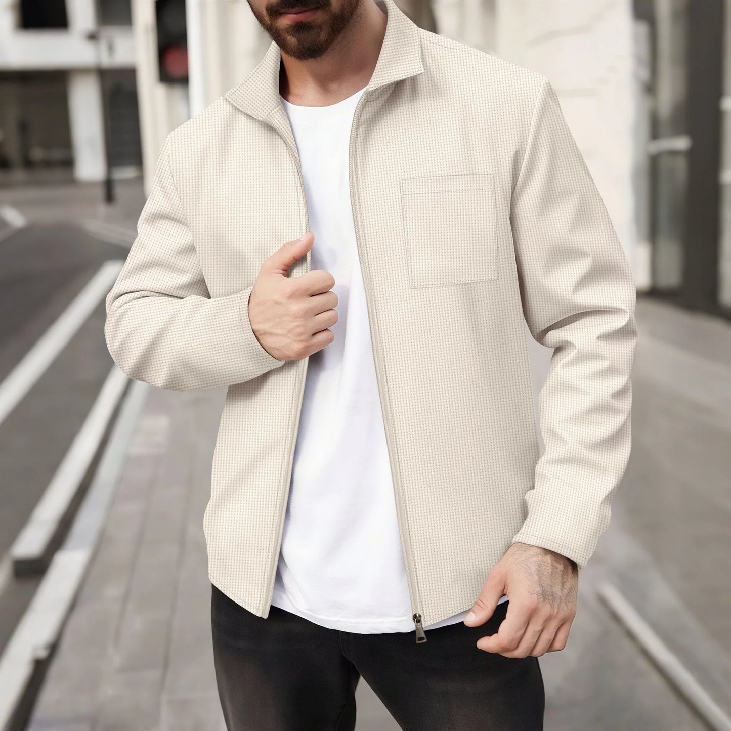 UNIKCOSA Men’s Textured Jacket – Zip-Up Business Casual Outerwear with Turn-Down Collar