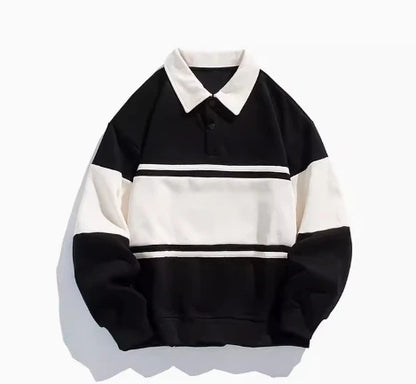 Hip Hop Striped Heavyweight Cotton Polo Sweatshirt for Men