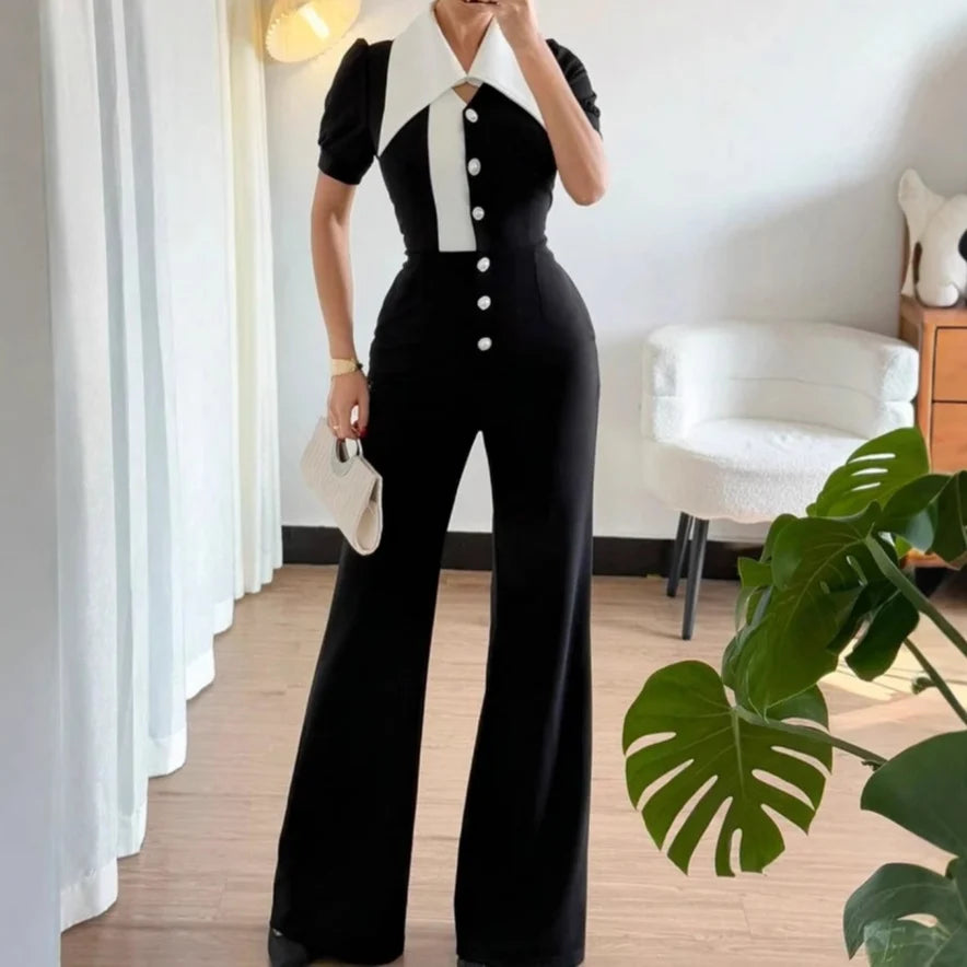 Women's Unique Patchwork Short Sleeve Collared Button-Up Jumpsuit