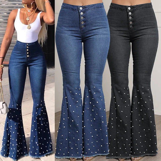 UNIKCOSA Women’s Beaded Bell-Bottom Jeans – Elastic High-Waist Wide-Leg Denim (Wholesale Edition)