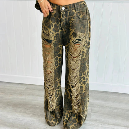 Ripped Leopard Print Maxi Loose Women Jeans Trendy Summer Denim